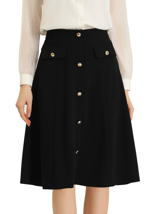 Women's A-Line Button Front Work Formal Knee Length Skirt