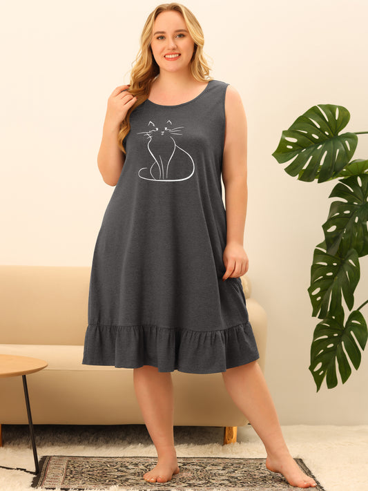Women Plus Size Sleeveless Nightdress Cute Cat Sleepwear Pajamas Nightgown Loungewear