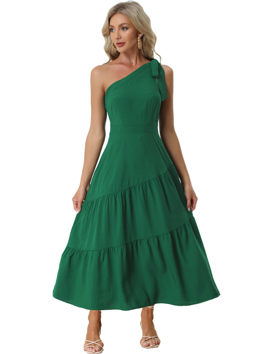 Women's One Shoulder Dress Ruched Sleeveless Elegant Long Dresses