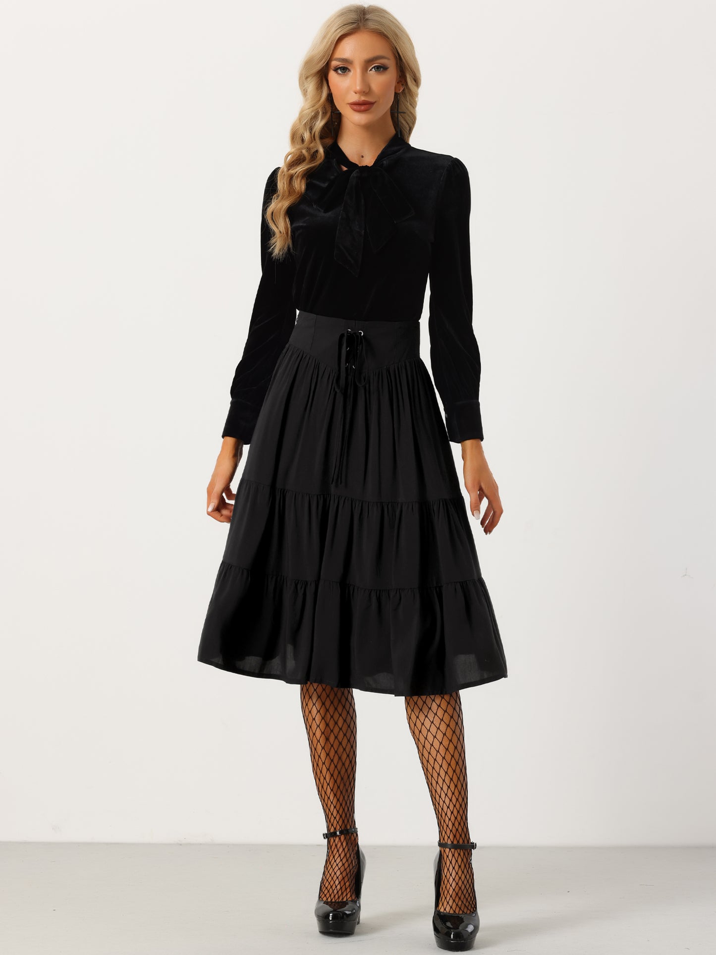 Falda midi bohemia de mujer con cordones y espalda fruncida, plisada y corte A