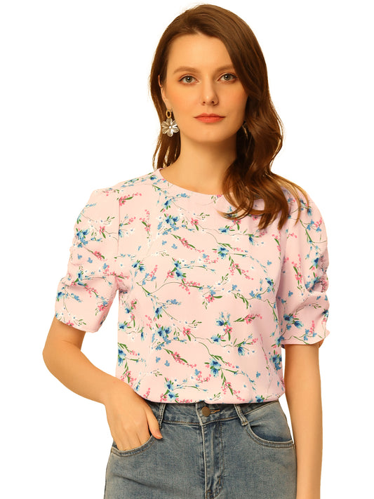 Women's Floral Crew Neck Summer Shirred Short Sleeve Blouse
