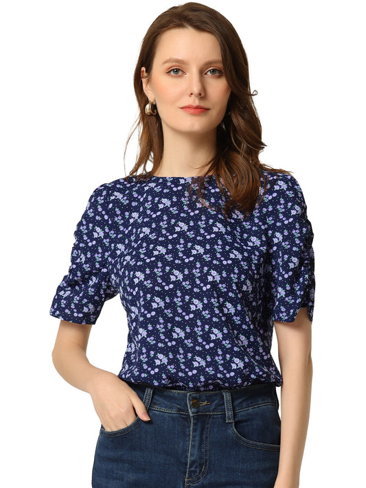 Women's Floral Crew Neck Summer Shirred Short Sleeve Blouse