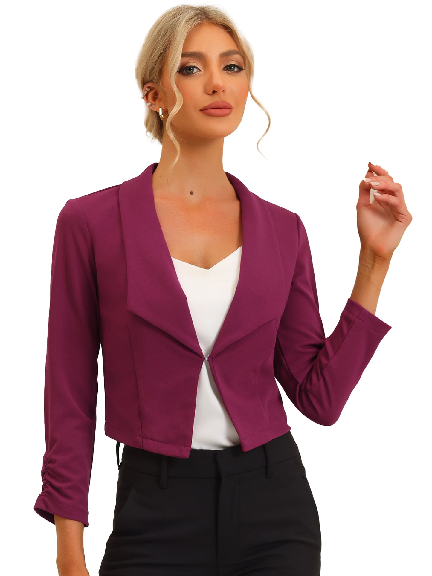 Women's Notched Lapel Ruched Sleeve Business Cropped Blazer (Available in Plus Size)