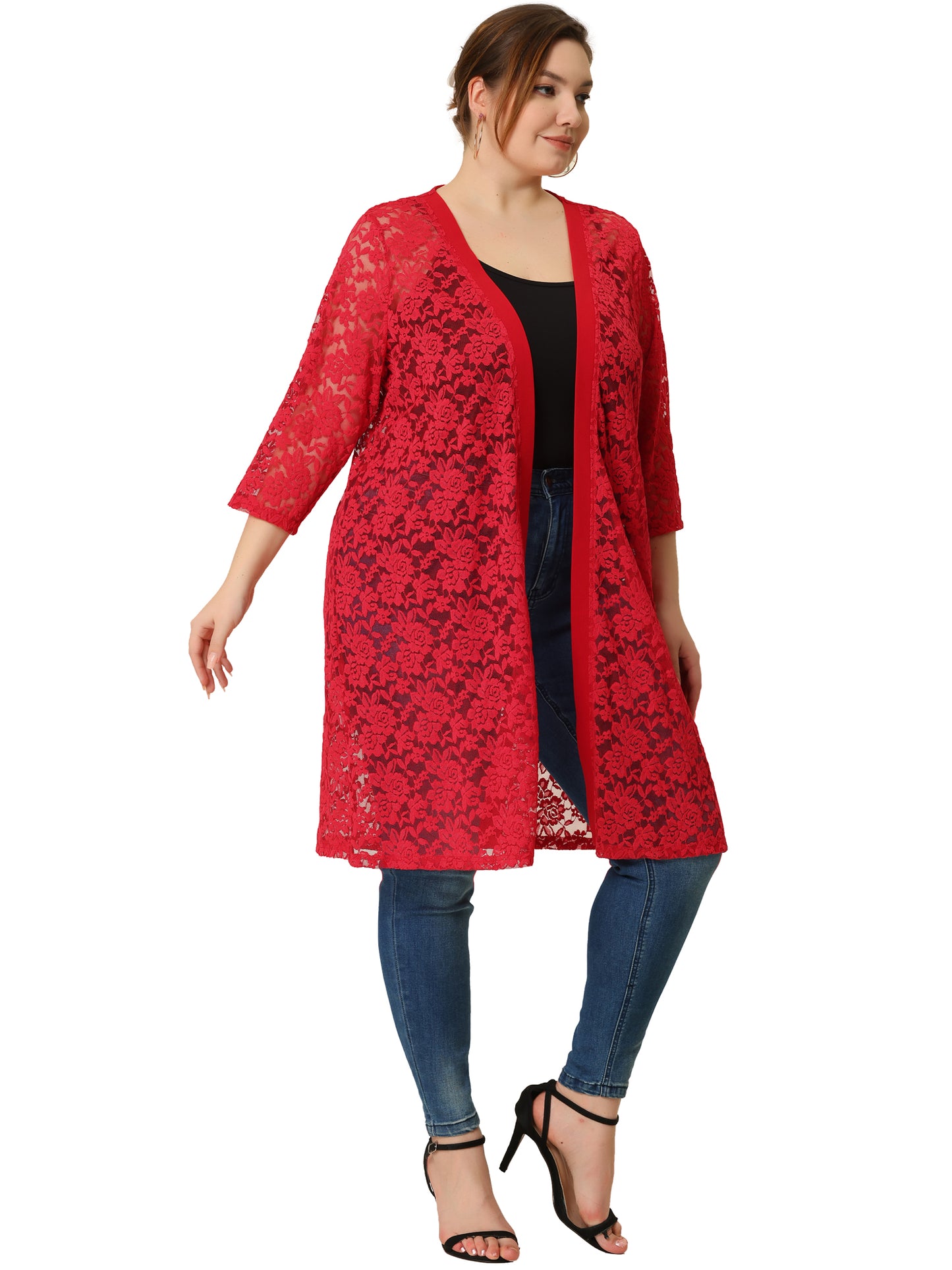 Women Plus Size Cardigans Lace Lightweight Crochet 3/4 Sleeve Cover Up Jacket