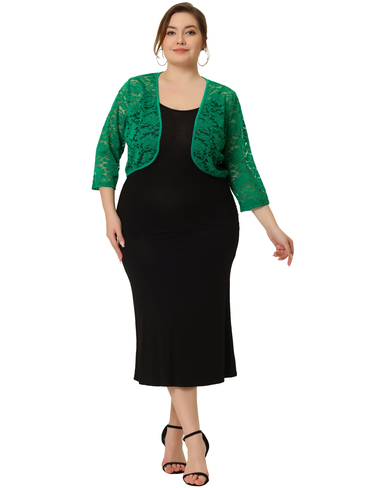 Women Plus Size Floral Lace Shrug Elegant 3/4 Sleeve Lightweight Sheer Bolero Cardigan
