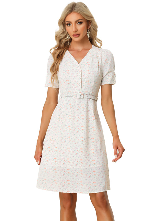 Women's Spring Summer Floral Dress Short Sleeve V Neckline Belted Knee Lenth Dress