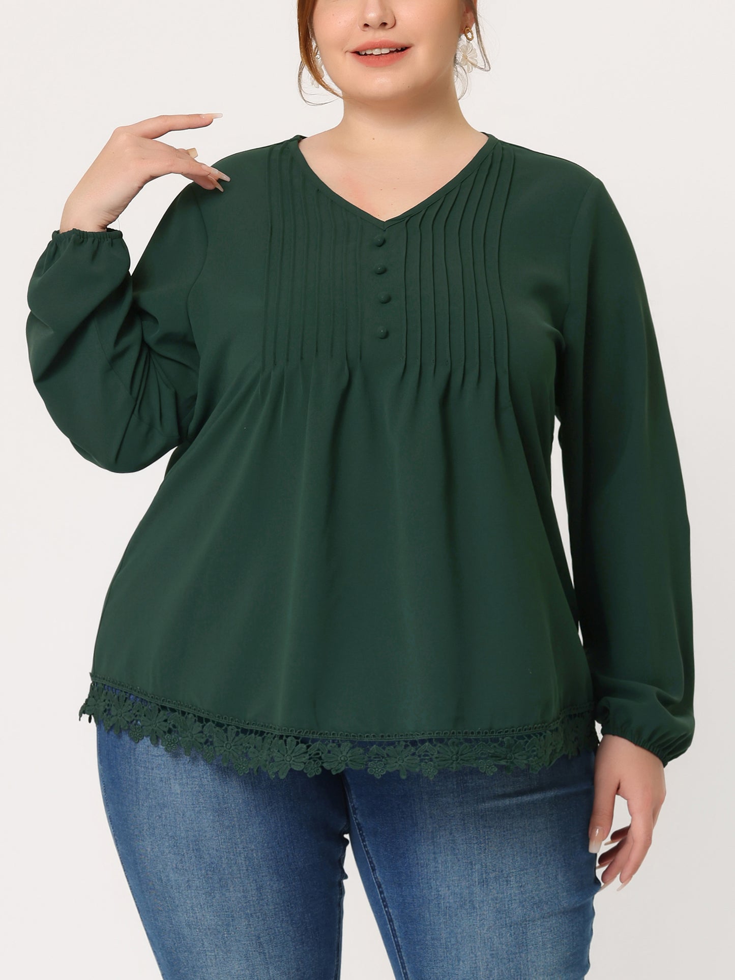 Women's Plus Size Top Casual Long Sleeves Pleated Lace Hollow Chiffon Blouse