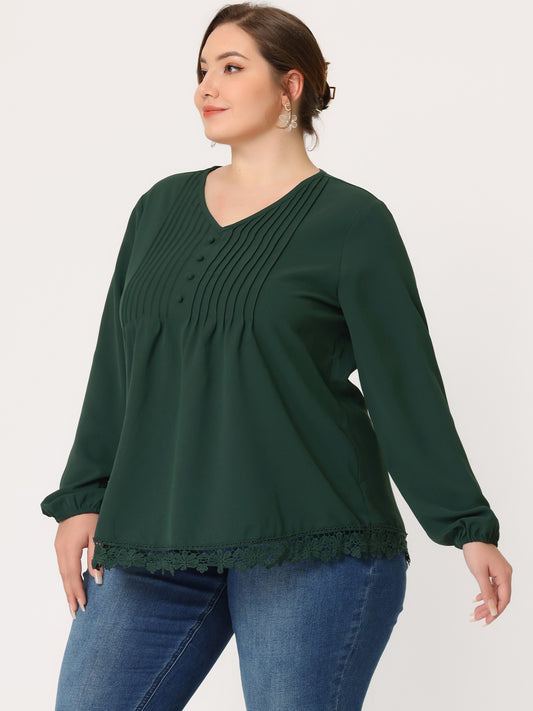 Women's Plus Size Top Casual Long Sleeves Pleated Lace Hollow Chiffon Blouse