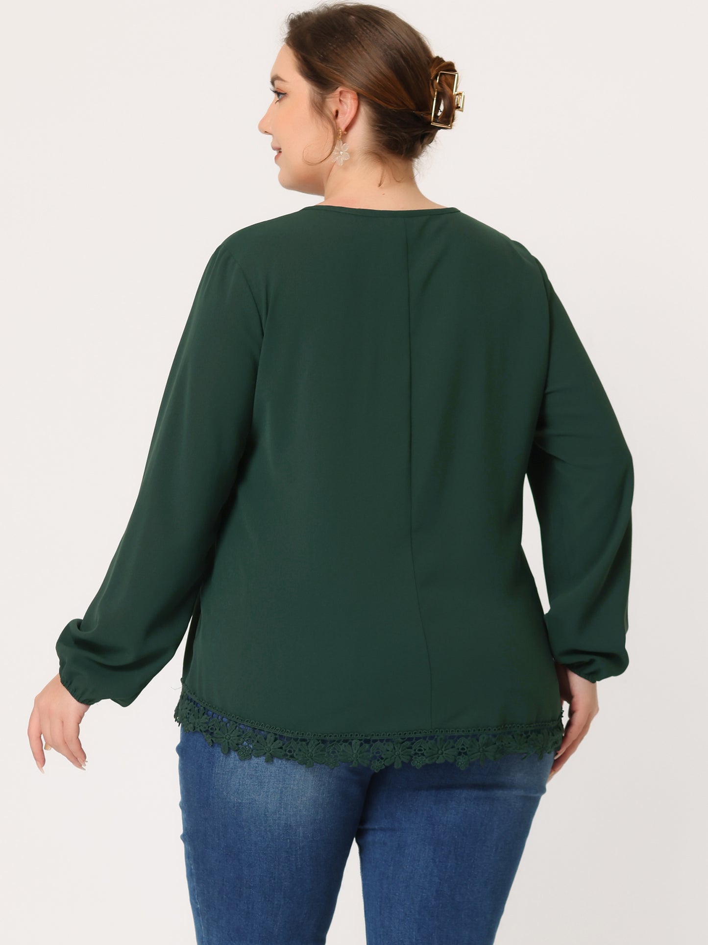 Women's Plus Size Top Casual Long Sleeves Pleated Lace Hollow Chiffon Blouse