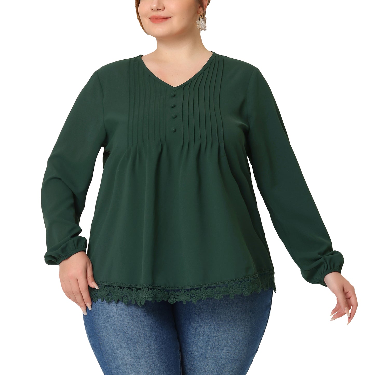 Women's Plus Size Top Casual Long Sleeves Pleated Lace Hollow Chiffon Blouse