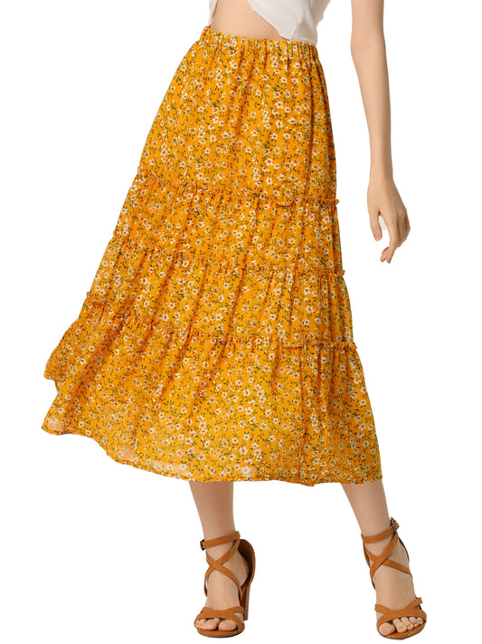 Women's Floral Skirts Chiffon A-line Long Tiered Ruffle Midi Skirt