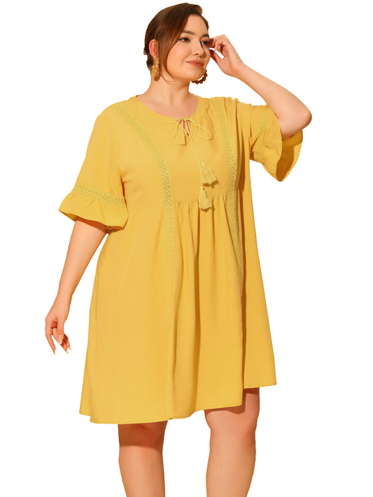 Women Plus Size Boho Dress Ruffle Short Sleeve Lace Insert V Neck Tassel Bohemian Mini Dress