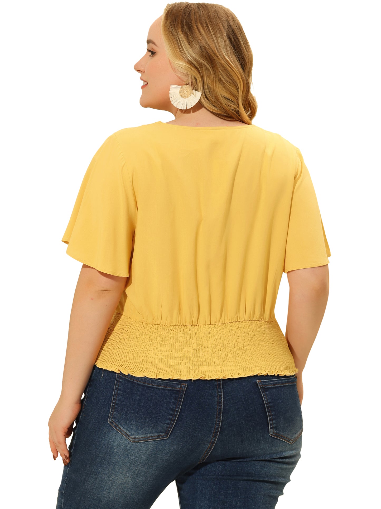 Women's Plus Size V Neck Button Up Short Sleeve Shirred Crop Top Blouse