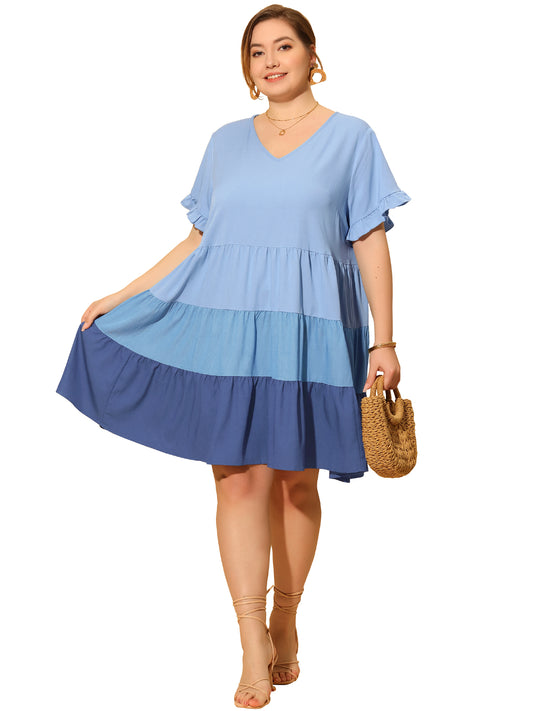 Women's Plus Size Babydoll Ruffle Short Sleeve Casual Loose Flowy Swing Hem Chambray V Neck Mini Dress