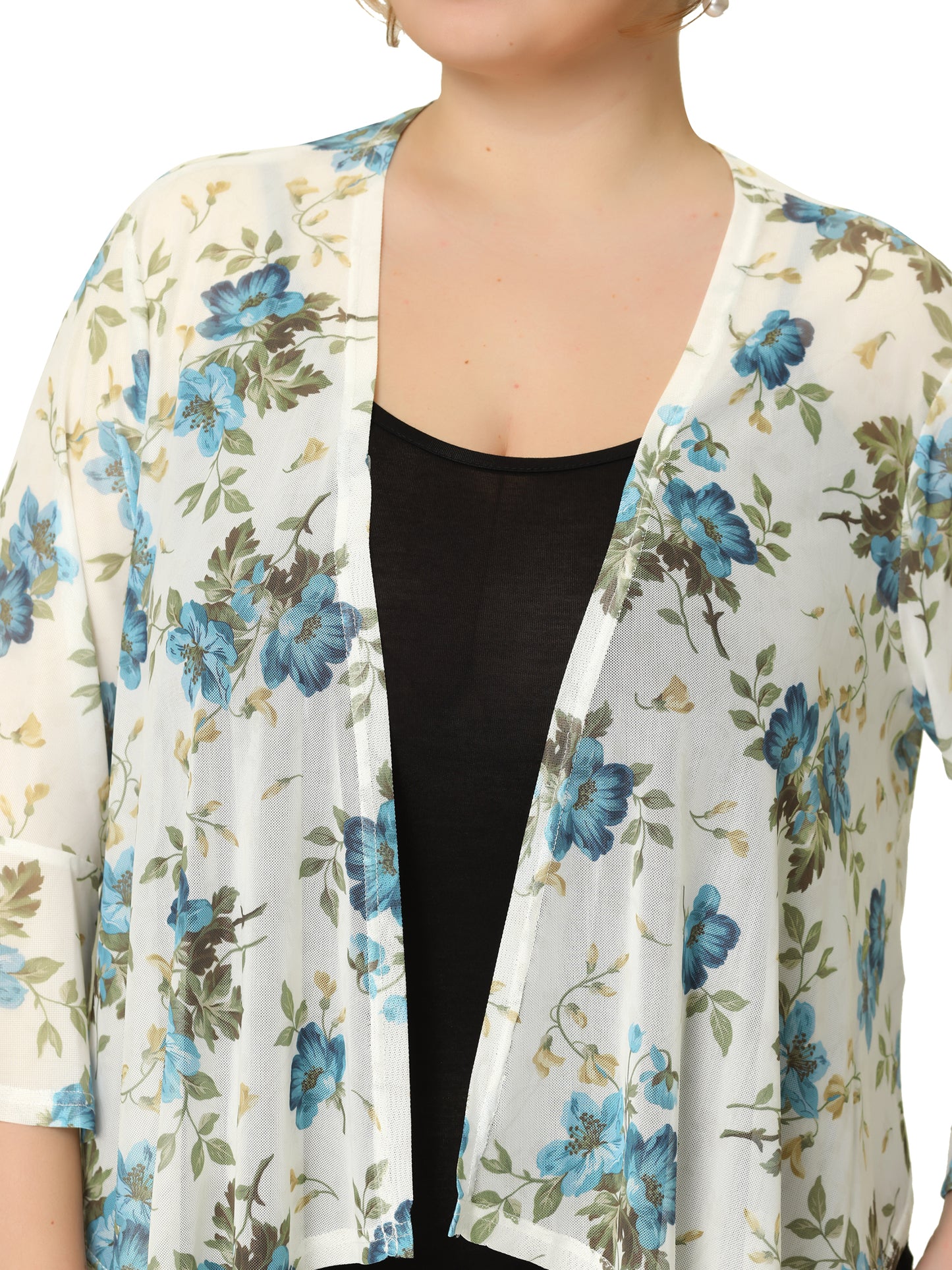 Women Plus Size Chiffon Cover Up 3/4 Sleeve Floral Printed Bikini Lightweight Summer Cardigan