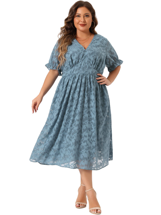 Women Plus Size Dress Casual V Neck Bubble Short Sleeve Semi Sheer Swing Flowy Summer Dresses