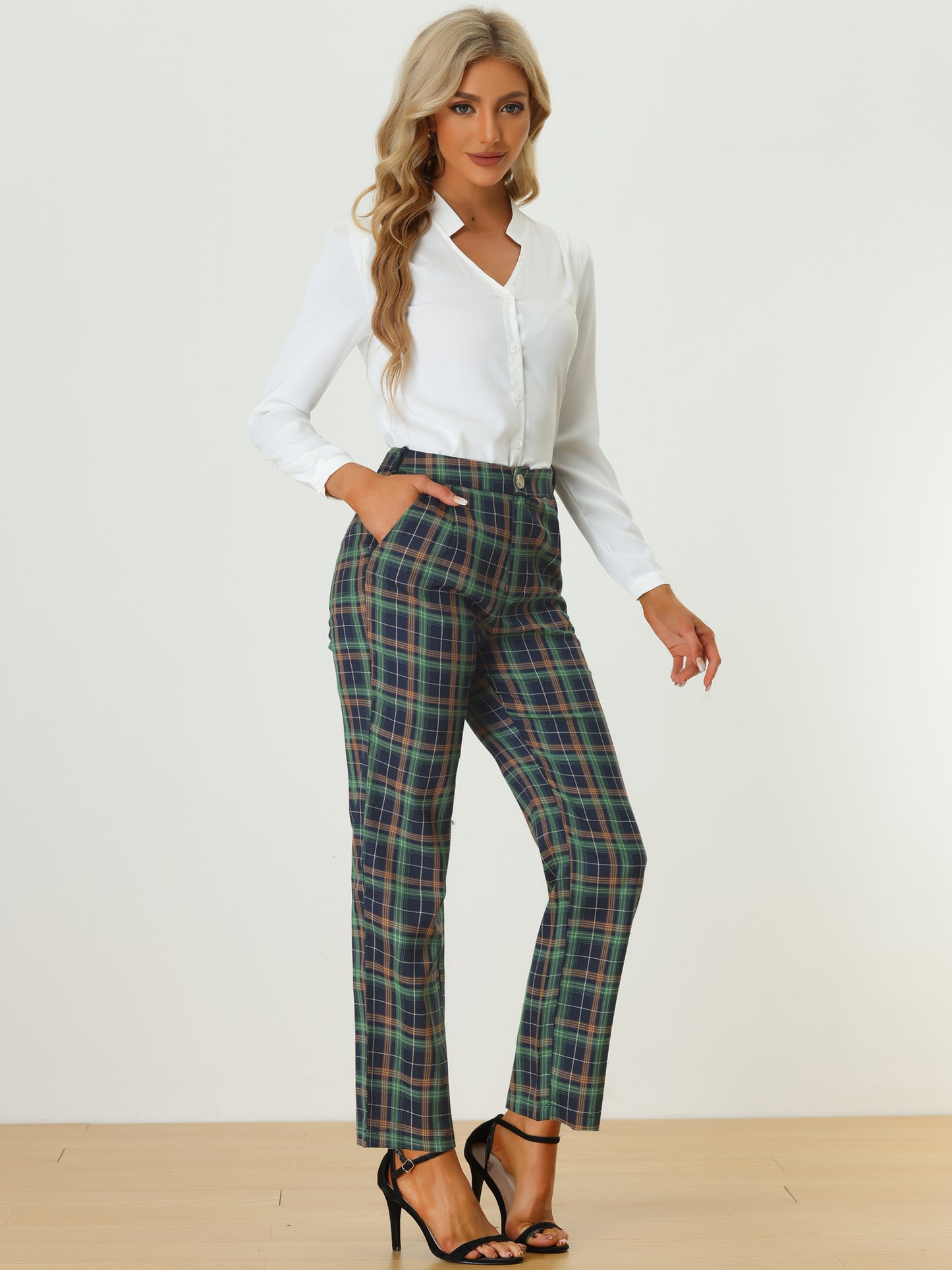 Women's Plaid Pants Elastic Waist Casual Work Office Long Trousers
