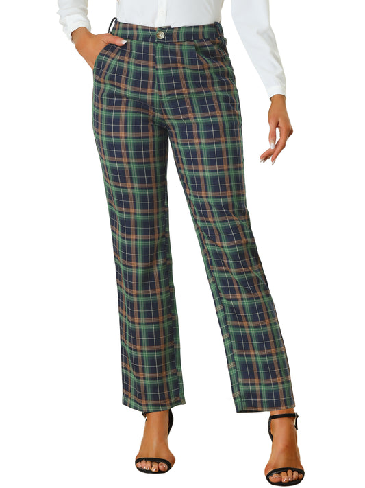 Women's Plaid Pants Elastic Waist Casual Work Office Long Trousers