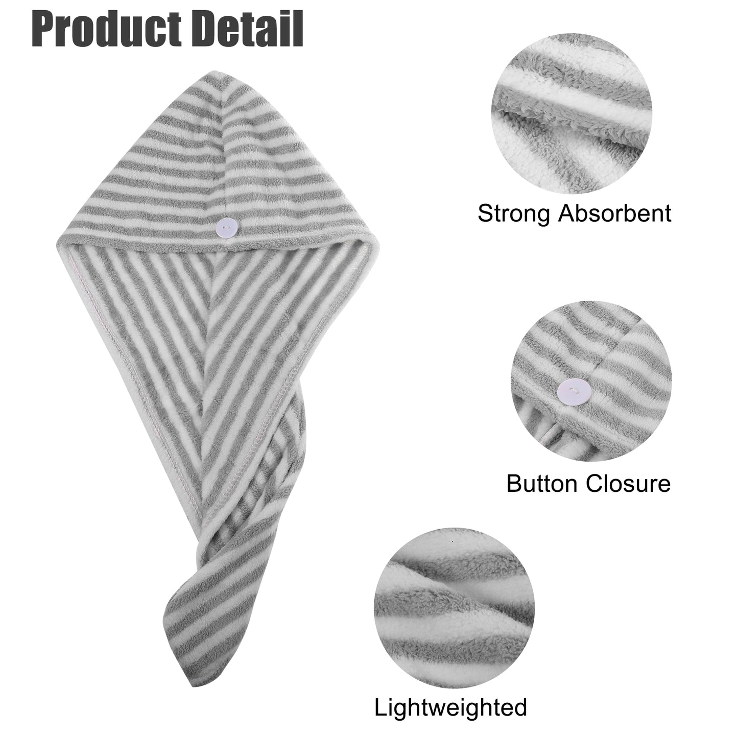 3 Pcs Soft Hair Towel Wrap, Microfiber Hair Drying Towel Cap, 9.84x25.59 Inch Gray
