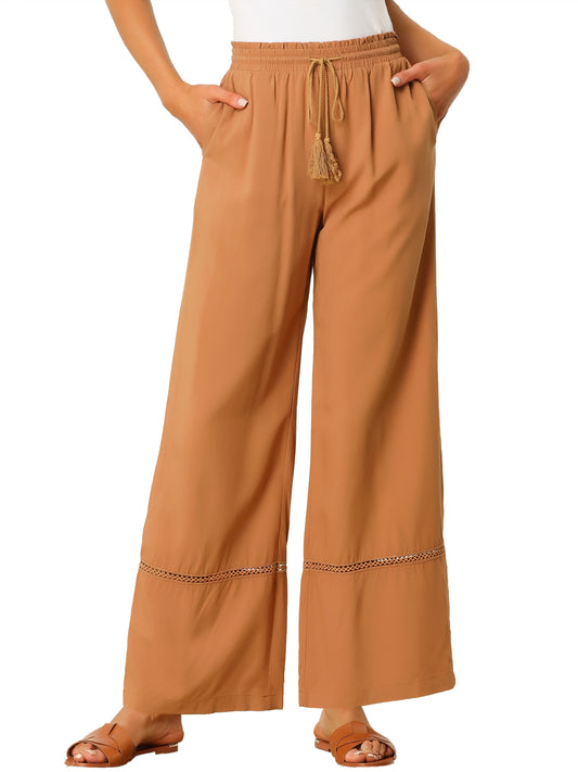 Women's Summer Casual Pants Loose High Waist Drawstring Wide Leg Palazzo Trousers with Pockets