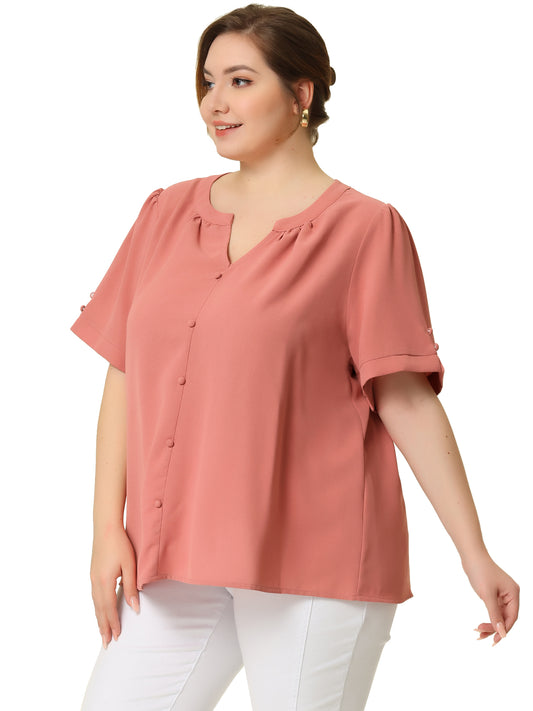 Women Plus Size Button Down Shirt Ruched V Neck Short Sleeve Office Top