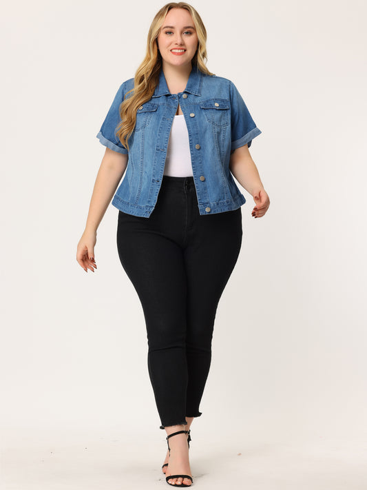 Women's Plus Size Denim Jacket Short Sleeve Lapel Button Front Work Western Outfit Jean Jackets