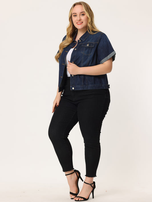 Chaqueta vaquera de talla grande para mujer, de manga corta, con solapa y botones al frente, ideal para el trabajo, estilo western.