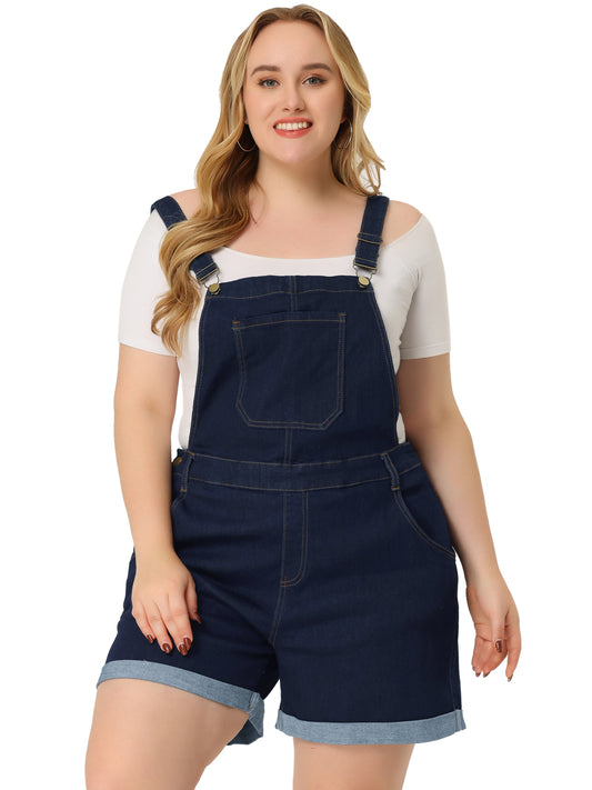 Women Plus Size Overall Shorts Jumpsuit Roll Hem Pocket Jean Denim Overalls