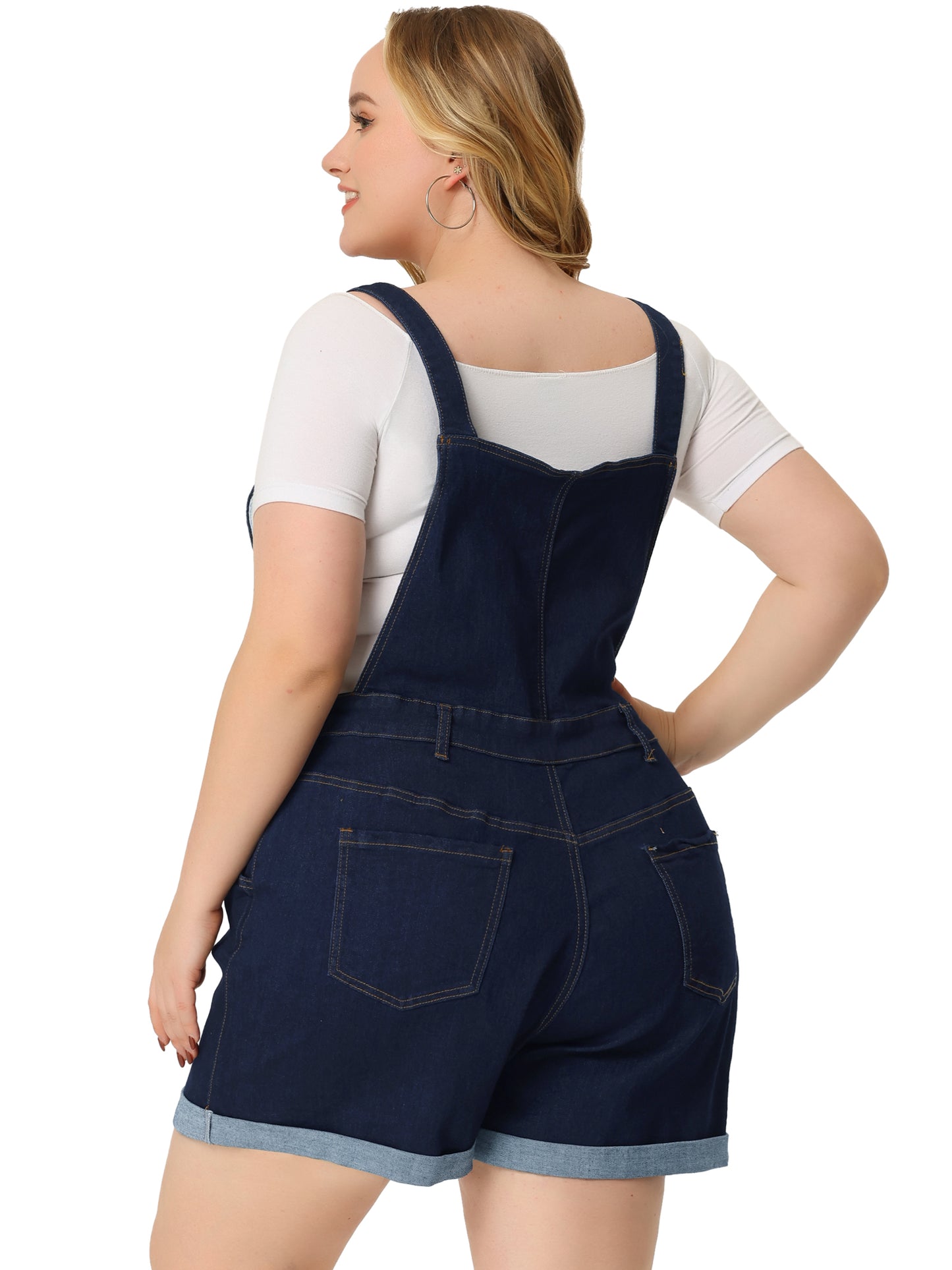 Women Plus Size Overall Shorts Jumpsuit Roll Hem Pocket Jean Denim Overalls