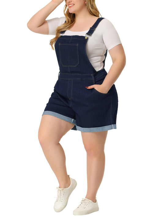 Women Plus Size Overall Shorts Jumpsuit Roll Hem Pocket Jean Denim Overalls