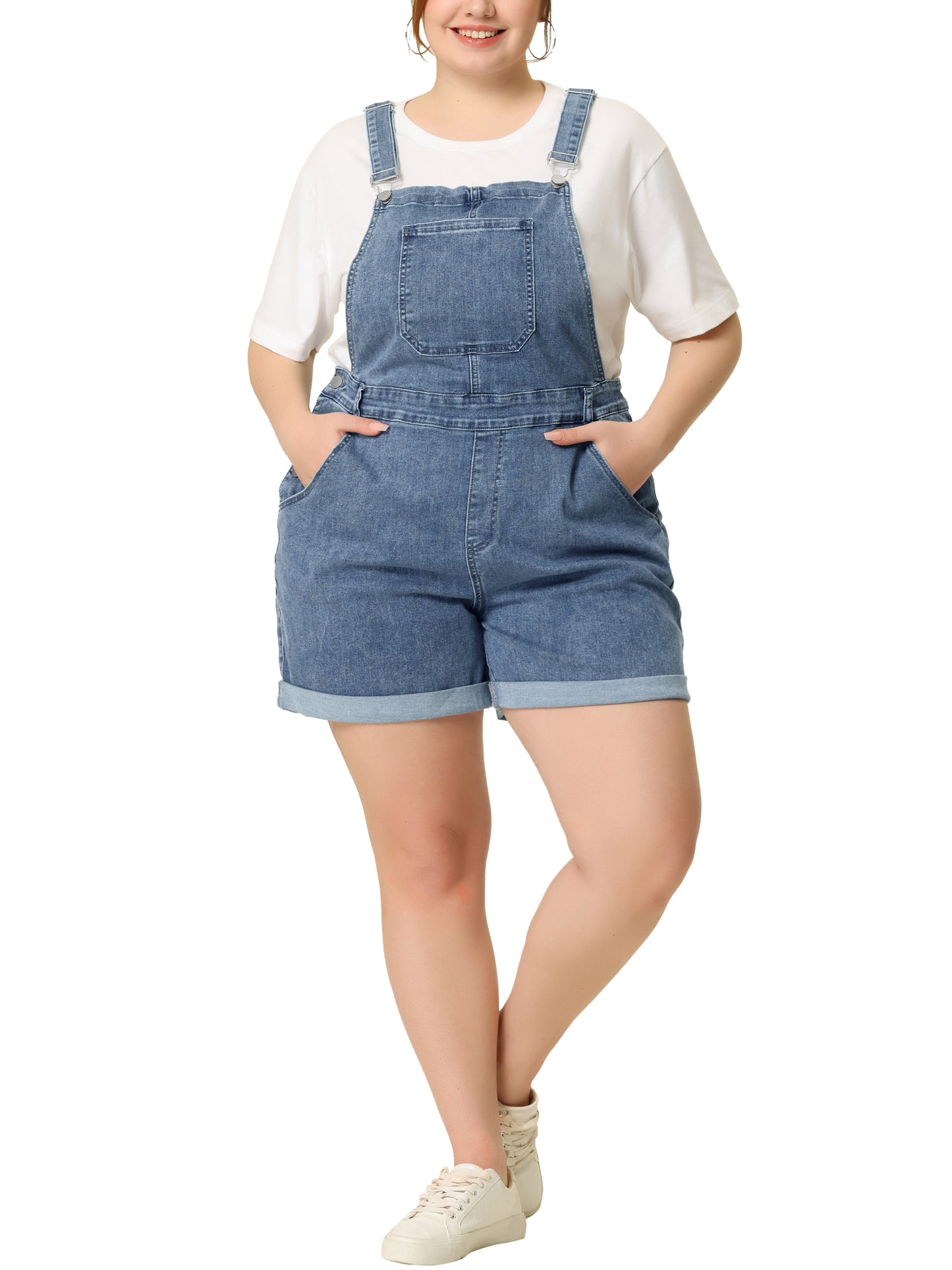 Women Plus Size Overall Shorts Jumpsuit Roll Hem Pocket Jean Denim Overalls