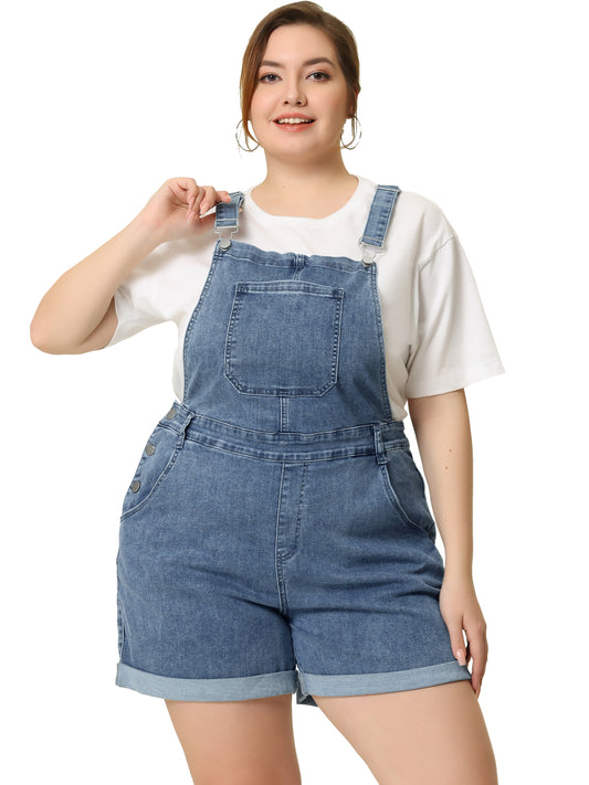 Women Plus Size Overall Shorts Jumpsuit Roll Hem Pocket Jean Denim Overalls