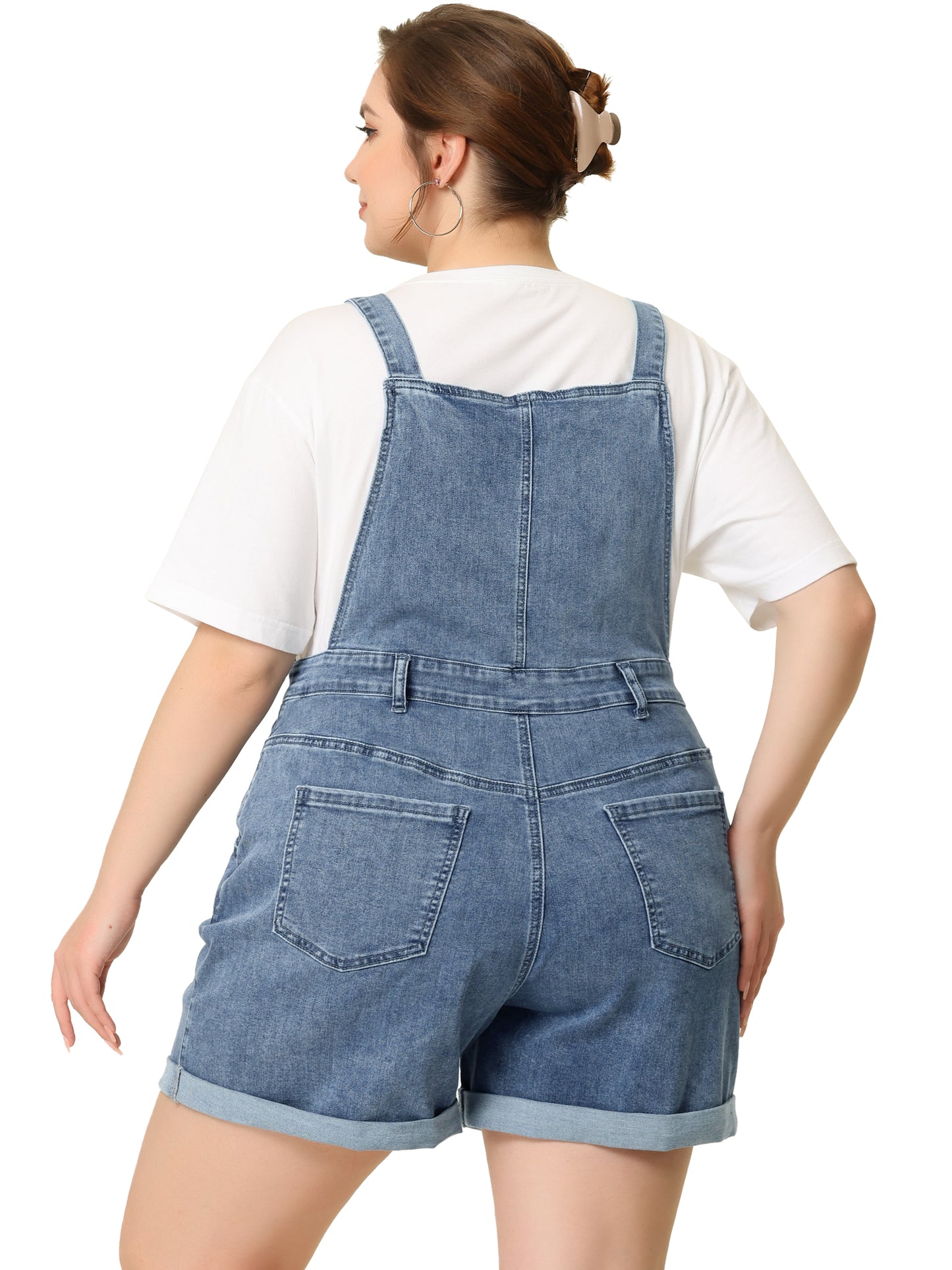 Women Plus Size Overall Shorts Jumpsuit Roll Hem Pocket Jean Denim Overalls