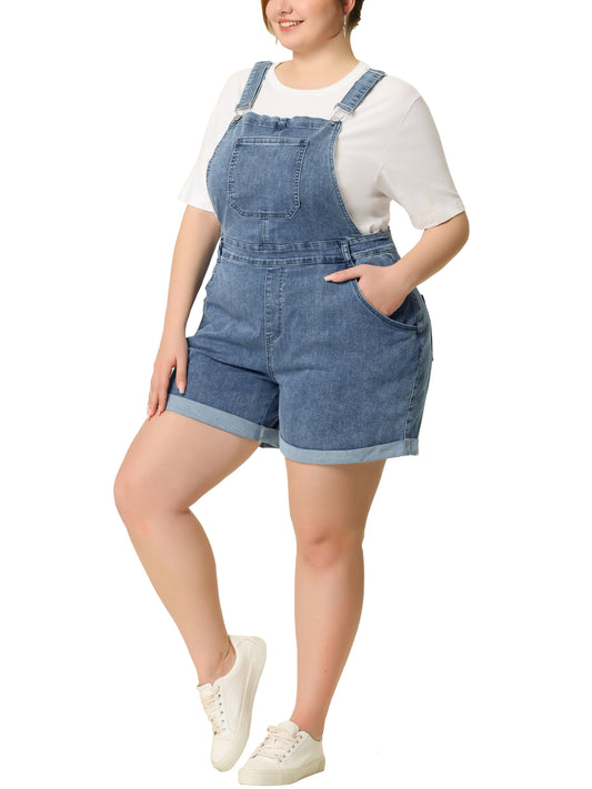 Women Plus Size Overall Shorts Jumpsuit Roll Hem Pocket Jean Denim Overalls
