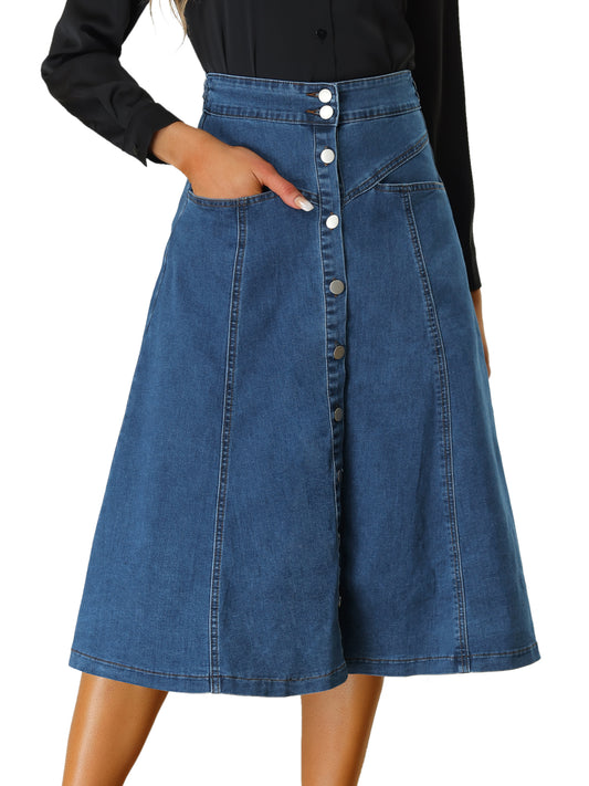 Womens' Summer Denim Skirt High Waist Buttons Front A-Line Flowy Midi Skirts with Pockets