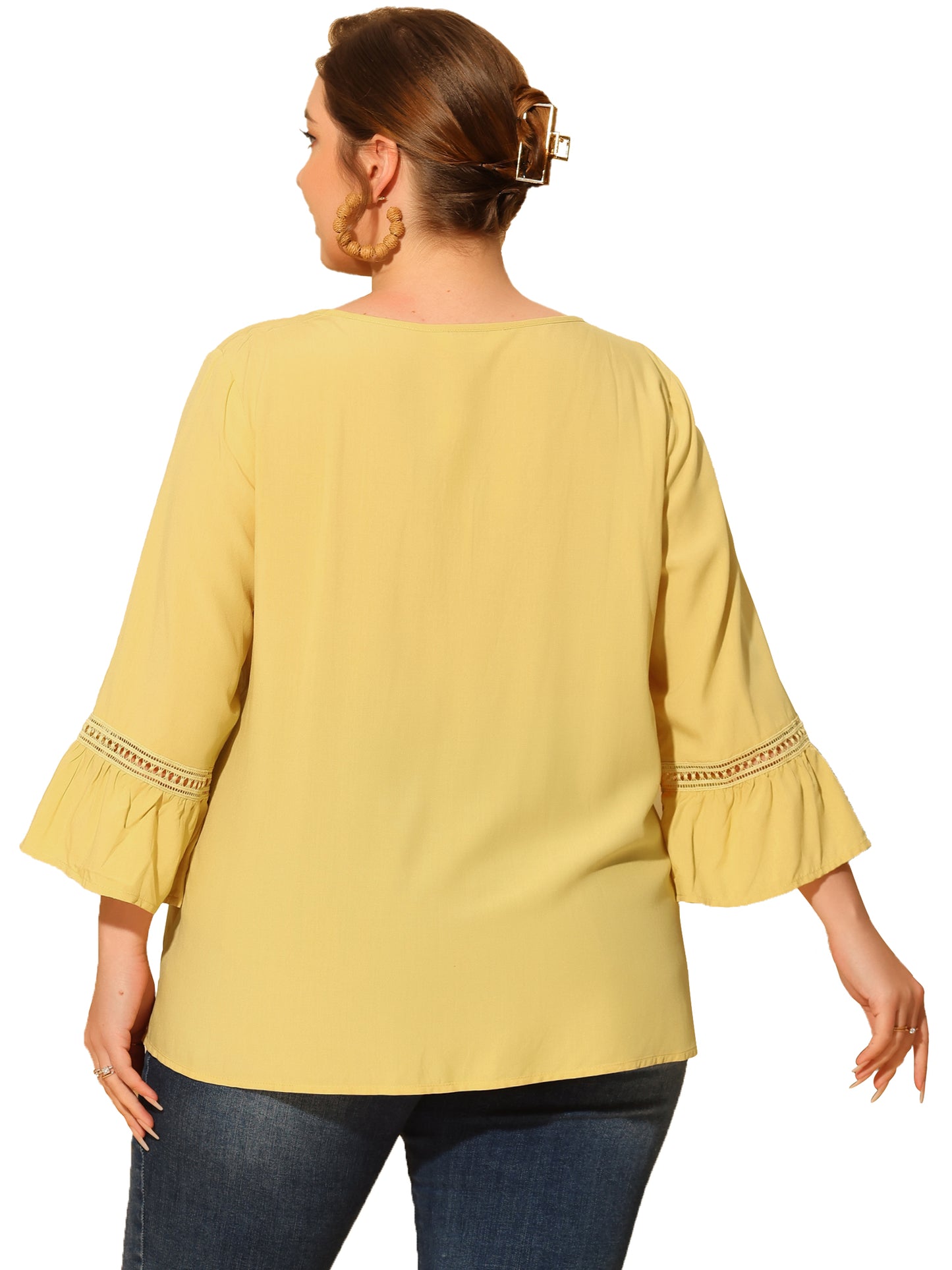 Women Plus Size Blouse 3/4 Flare Sleeves Peasant Keyhole Tie Casual Top
