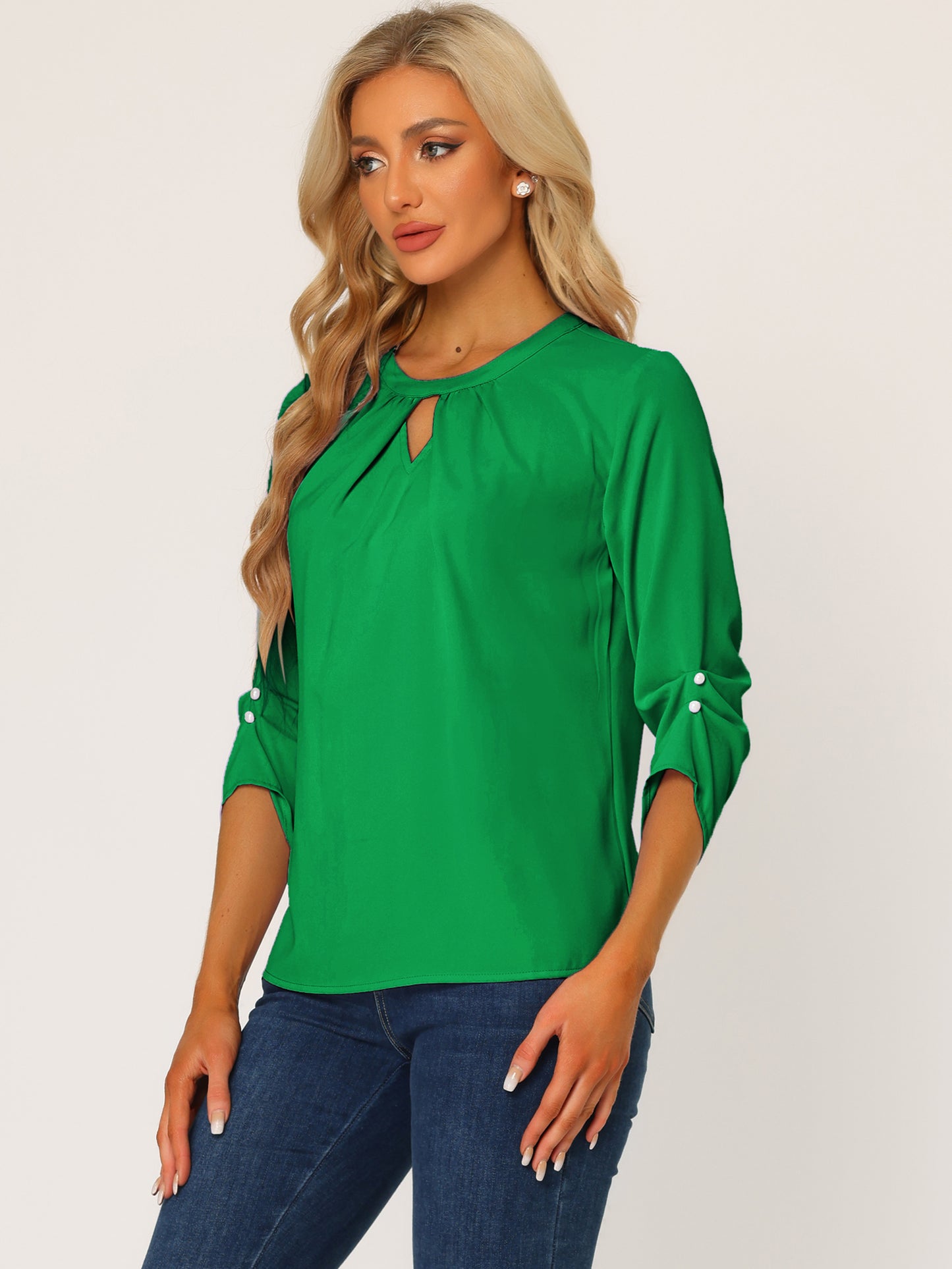 Women's Dressy Work Office Keyhole Pleated Front Ruched 3/4 Sleeve Chiffon Shirt