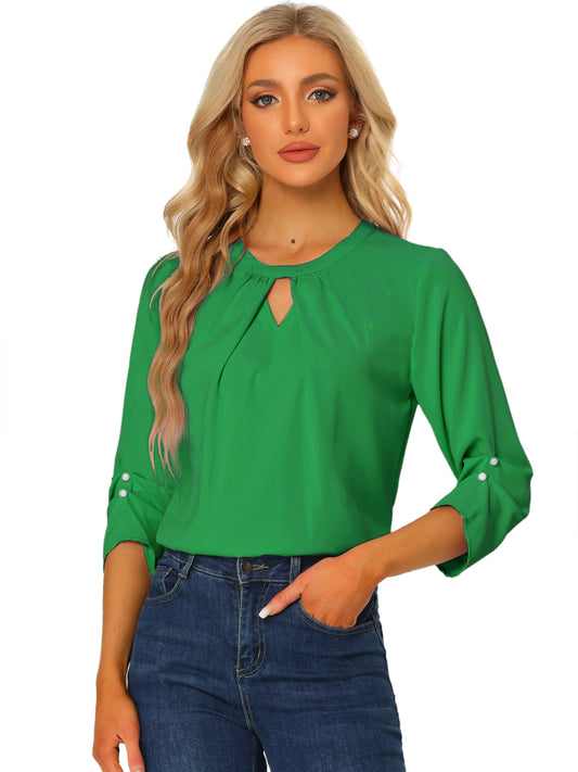 Women's Dressy Work Office Keyhole Pleated Front Ruched 3/4 Sleeve Chiffon Shirt