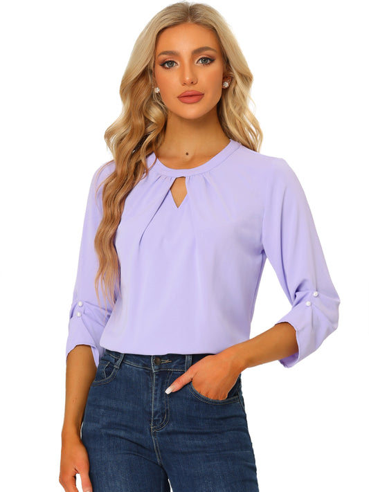 Women's Dressy Work Office Keyhole Pleated Front Ruched 3/4 Sleeve Chiffon Shirt