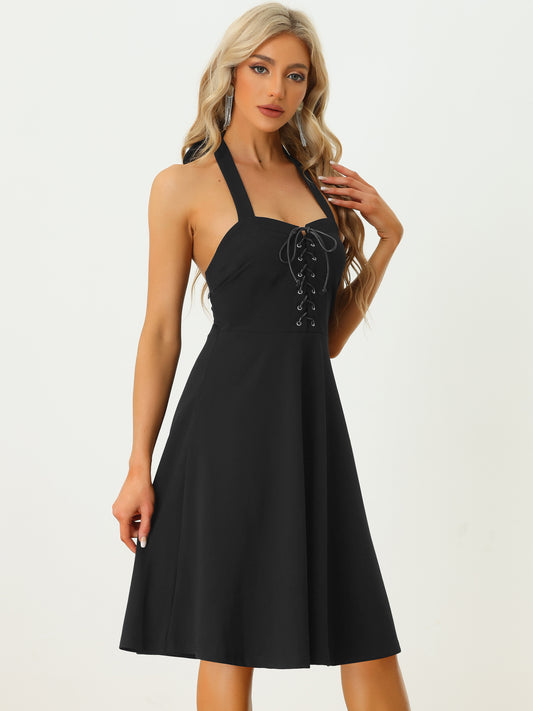 Women's Lace Up Sleeveless Dress Sweetheart Neck Bustier Gothic Vintage Dress