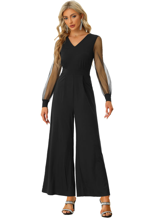 Women's Elegant V Neck Mesh Long Sleeve Loose Wide Leg Romper Cocktail Jumpsuits (Available in Plus Size)