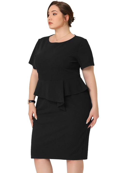 Women Plus Size Business Dresses Short Sleeves Crew Neck Work Office Peplum Pencil Dress