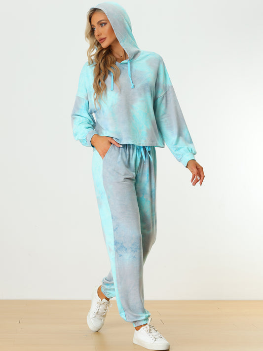 Women's 2 Piece Sweatsuits Tie Dye Pullover Hoodie Drawstring Jogging Tracksuit