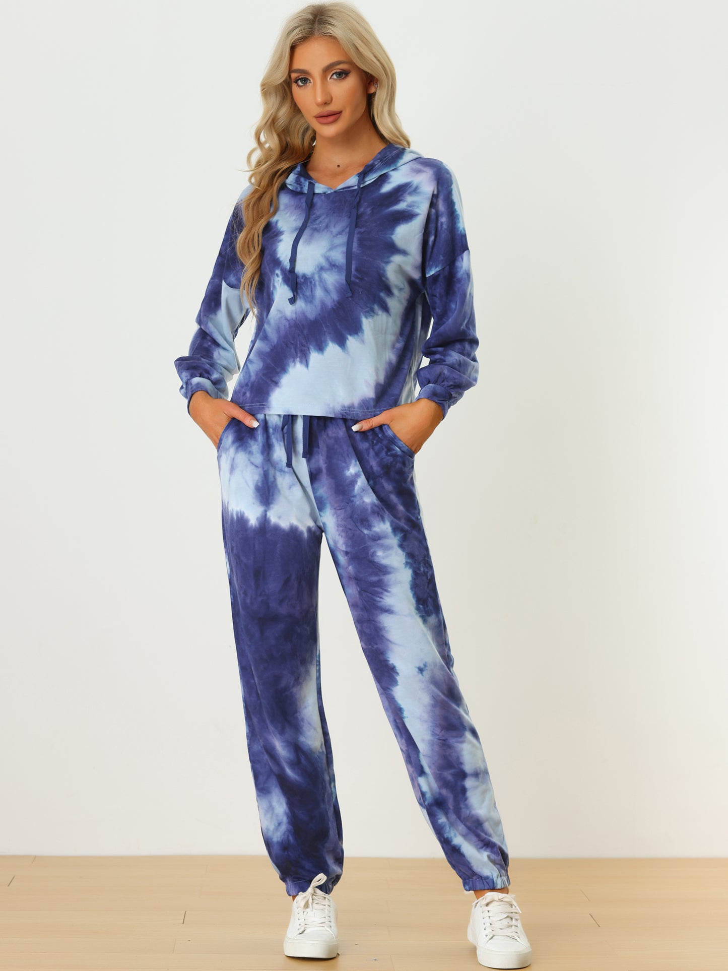 Women's 2 Piece Sweatsuits Tie Dye Pullover Hoodie Drawstring Jogging Tracksuit