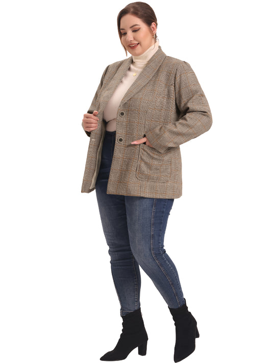 Women Plus Size Plaid Blazer Lapel Jacket Work Office Single Breasted Blazers