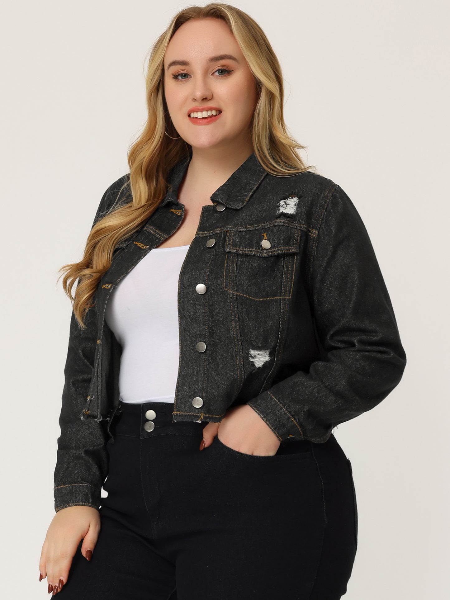 Women's Plus Size Denim Jackets Washed Button Front Long Sleeve Ripped Frayed Crop Denim Jacket