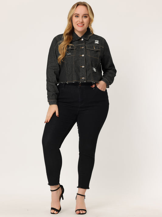Chaqueta vaquera de talla grande para mujer, lavada, con botones delanteros, manga larga, deshilachada y rasgada.