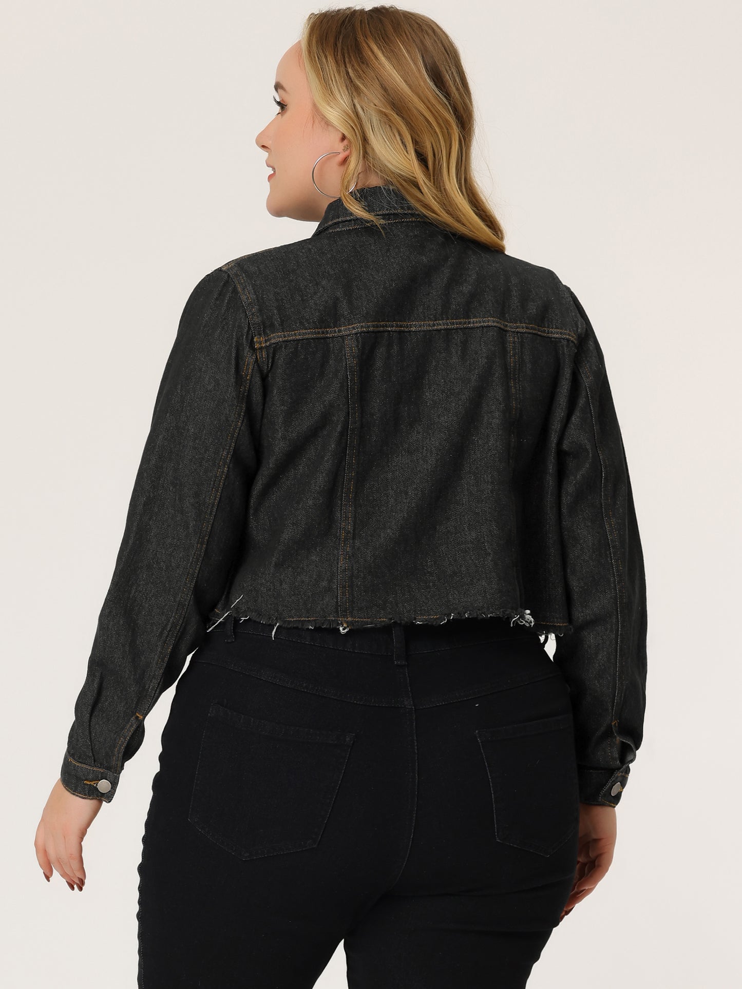 Women's Plus Size Denim Jackets Washed Button Front Long Sleeve Ripped Frayed Crop Denim Jacket