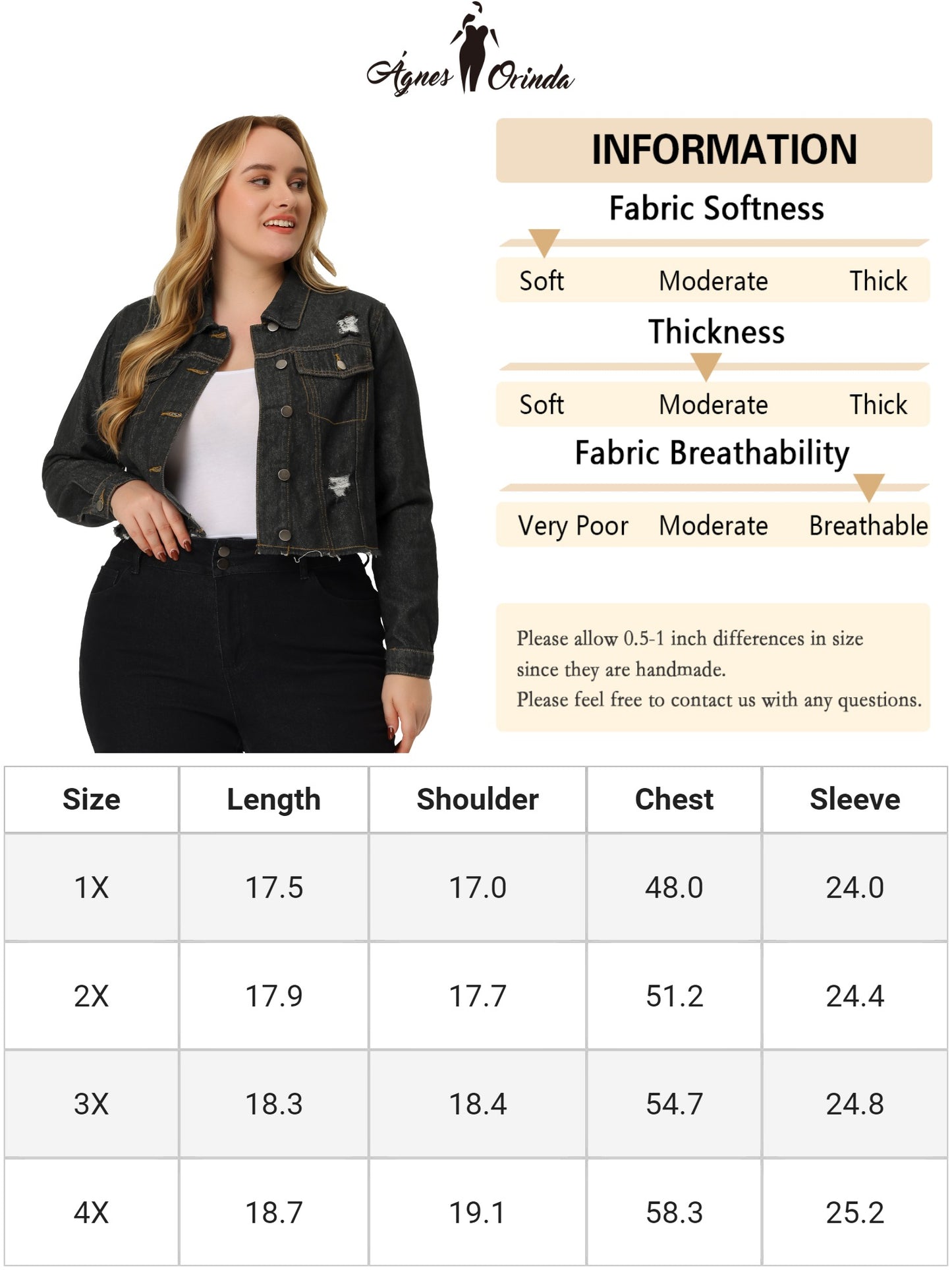 Women's Plus Size Denim Jackets Washed Button Front Long Sleeve Ripped Frayed Crop Denim Jacket