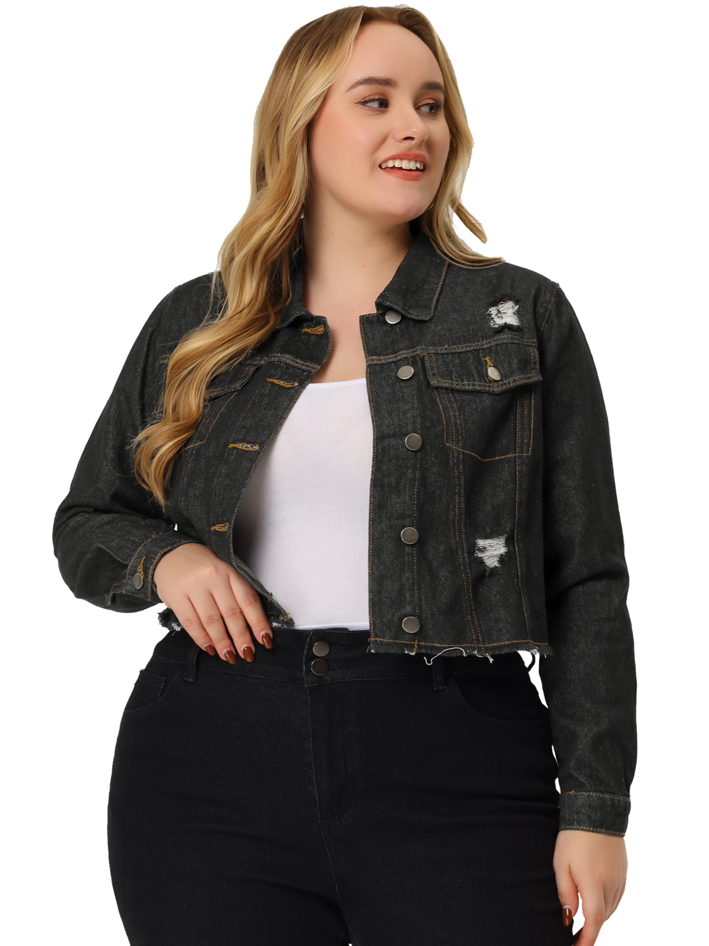 Women's Plus Size Denim Jackets Washed Button Front Long Sleeve Ripped Frayed Crop Denim Jacket